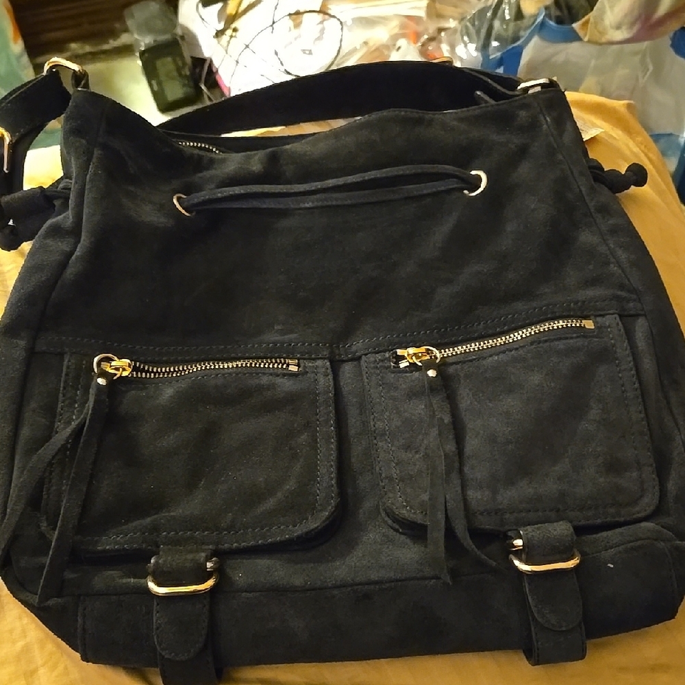 Blue Crossbody Bag with Gold Hardware and Slouchy Shape